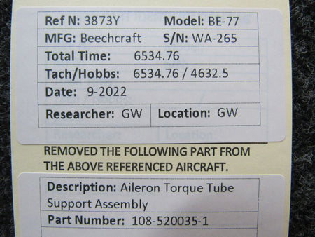 108-520035-1 Beechcraft BE-77 Aileron Torque Tube Support Assembly BAS Part Sales | Airplane Parts
