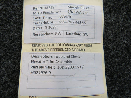 108-520077-3 / MS27976-9 Beechcraft BE-77 Elevator Trim Tube and Clevis BAS Part Sales | Airplane Parts