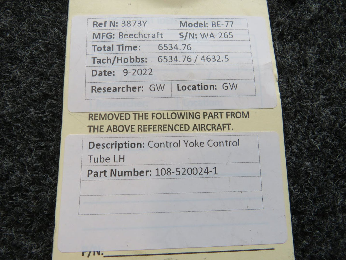 108-520024-1 Beechcraft BE-77 Control Yoke Control Tube LH BAS Part Sales | Airplane Parts