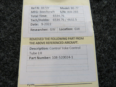 108-520024-1 Beechcraft BE-77 Control Yoke Control Tube LH BAS Part Sales | Airplane Parts