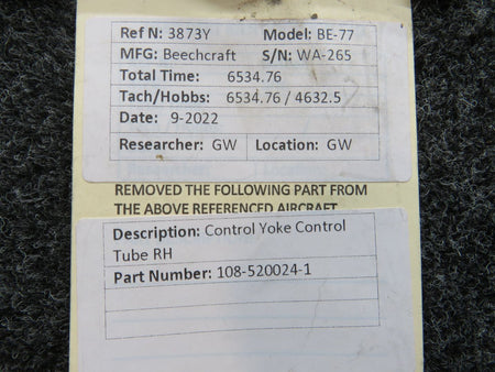 108-520024-1 Beechcraft BE-77 Control Yoke Control Tube RH BAS Part Sales | Airplane Parts