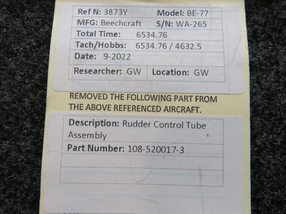 108-520017-3 Beechcraft BE-77 Rudder Control Tube Assembly BAS Part Sales | Airplane Parts