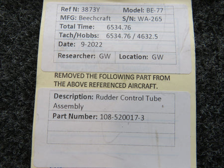 108-520017-3 Beechcraft BE-77 Rudder Control Tube Assembly BAS Part Sales | Airplane Parts