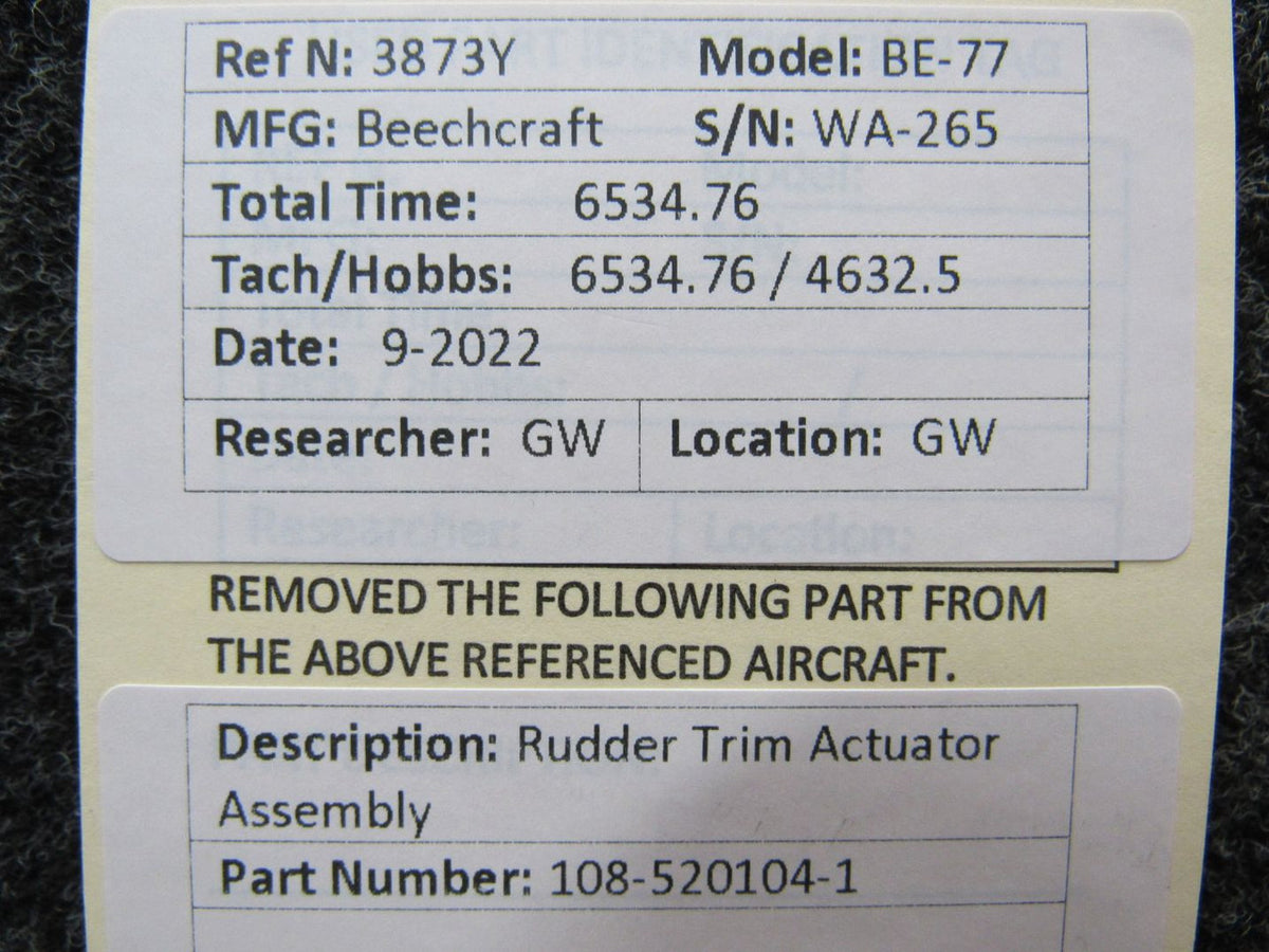 108-520104-1 Beechcraft BE-77 Rudder Trim Actuator Assembly BAS Part Sales | Airplane Parts