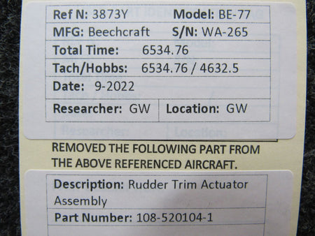 108-520104-1 Beechcraft BE-77 Rudder Trim Actuator Assembly BAS Part Sales | Airplane Parts