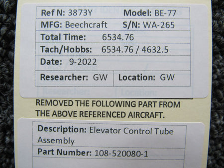 108-520080-1 Beechcraft BE-77 Elevator Control Tube Assembly BAS Part Sales | Airplane Parts