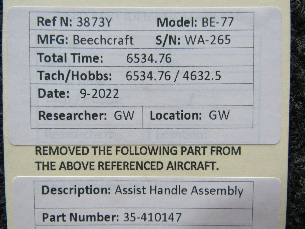 35-410147 Beechcraft BE-77 Assist Handle Assembly BAS Part Sales | Airplane Parts