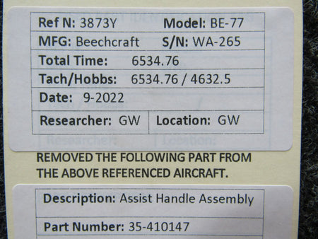 35-410147 Beechcraft BE-77 Assist Handle Assembly BAS Part Sales | Airplane Parts