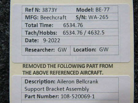 Beechcraft Parts 108-520069-1 Beechcraft BE-77 Aileron Bellcrank Support Bracket Assembly