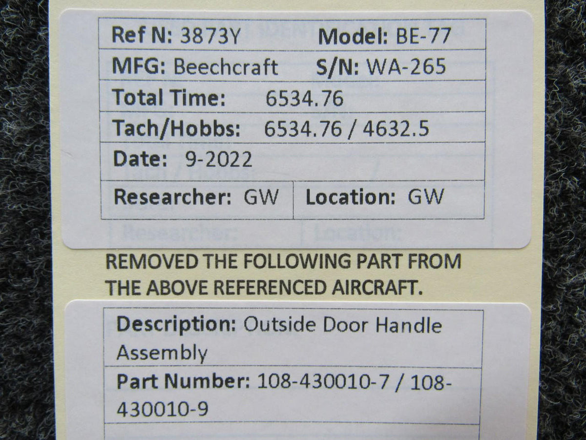 Beechcraft Parts 108-430010-7 / 108-430010-9 Beechcraft BE-77 Outside Door Handle Assembly