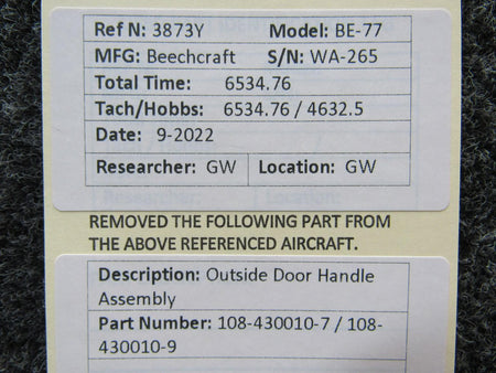 Beechcraft Parts 108-430010-7 / 108-430010-9 Beechcraft BE-77 Outside Door Handle Assembly
