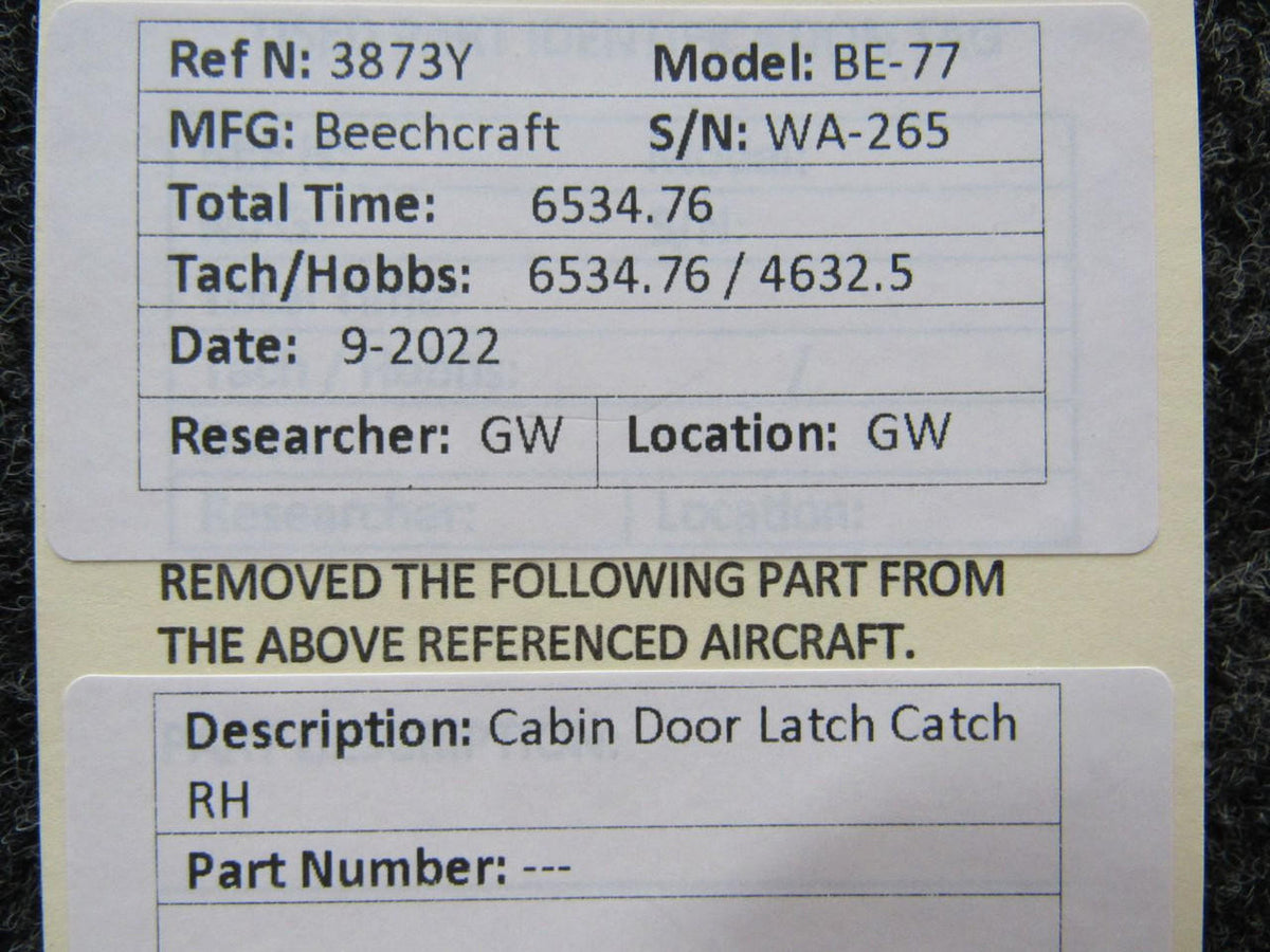 Beechcraft Parts Beechcraft BE-77 Cabin Door Latch Catch RH