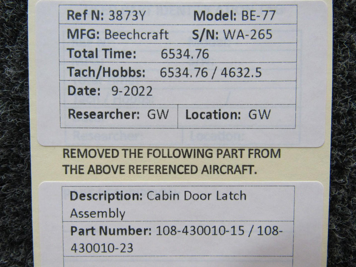 Beechcraft Parts 108-430010-15 / 108-430010-23 Beechcraft BE-77 Cabin Door Latch Assembly