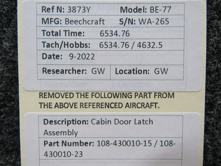 Beechcraft Parts 108-430010-15 / 108-430010-23 Beechcraft BE-77 Cabin Door Latch Assembly