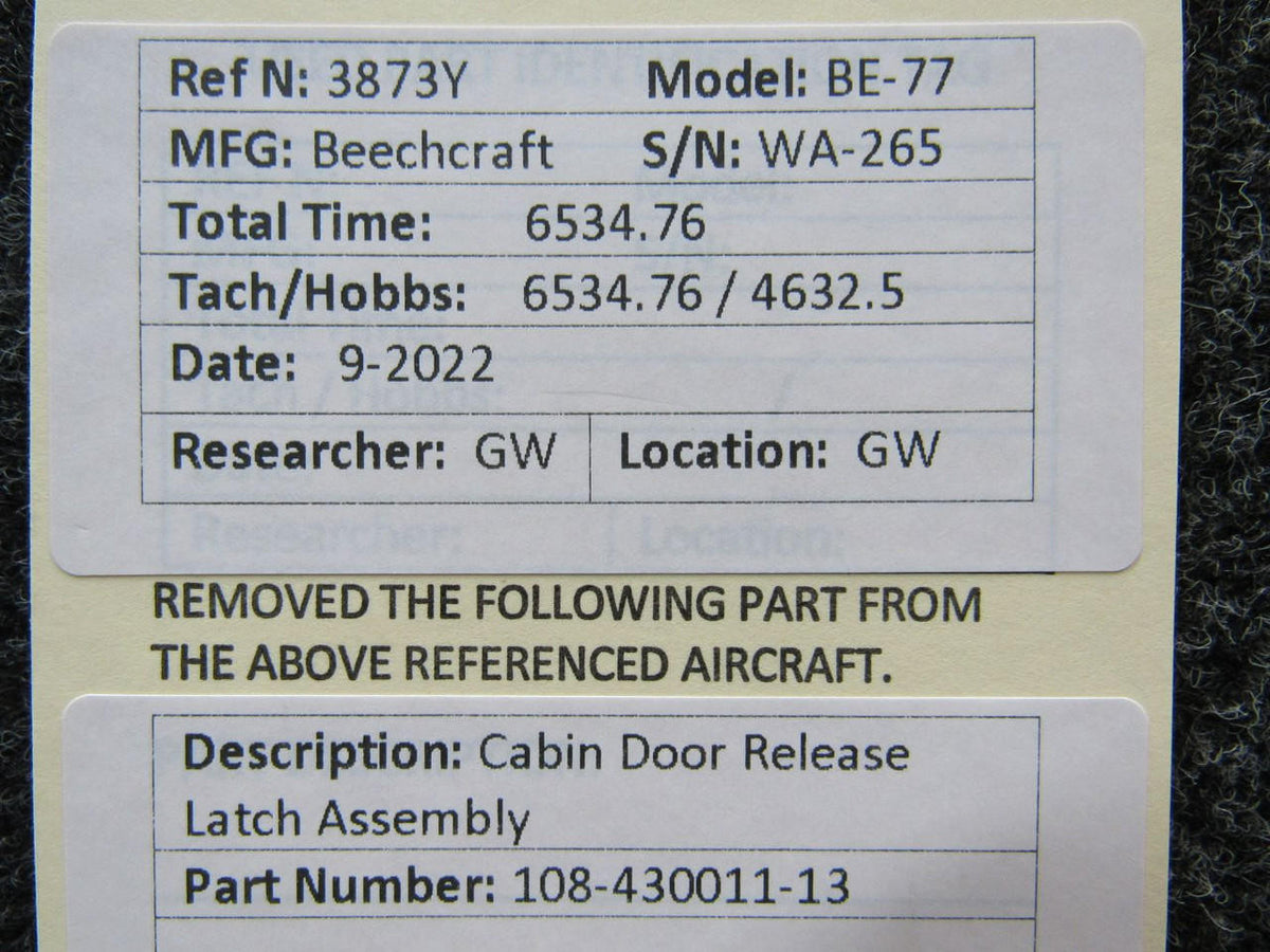 Beechcraft Parts 108-430011-13 Beechcraft BE-77 Cabin Door Release Latch Assembly