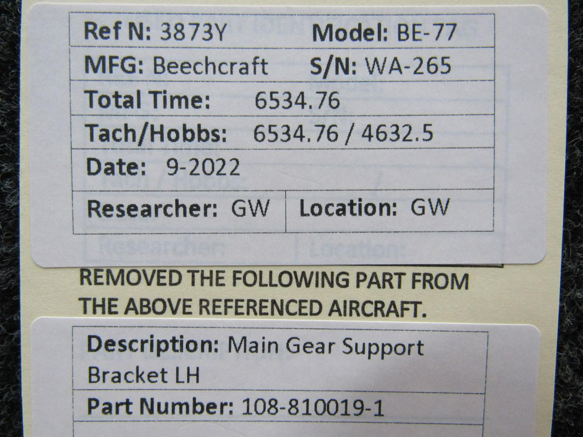 Beechcraft Parts 108-810019-1 Beechcraft BE-77 Main Gear Support Bracket LH