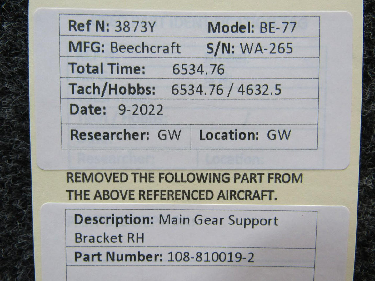 Beechcraft Parts 108-810019-2 Beechcraft BE-77 Main Gear Support Bracket RH