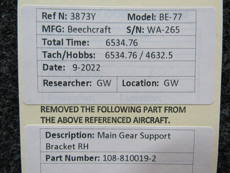 Beechcraft Parts 108-810019-2 Beechcraft BE-77 Main Gear Support Bracket RH