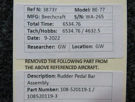 Beechcraft Parts 108-520119-1, 108-520119-3 Beechcraft BE-77 Rudder Pedal Bar Assembly