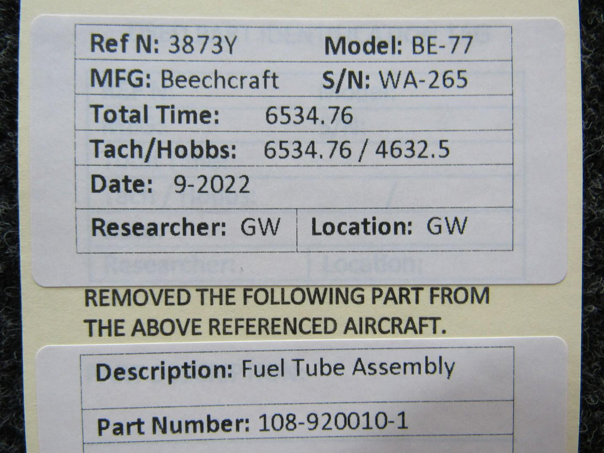 108-920010-1 Beechcraft BE-77 Fuel Tube Assembly BAS Part Sales | Airplane Parts