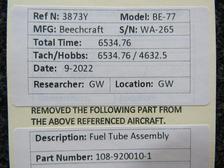 108-920010-1 Beechcraft BE-77 Fuel Tube Assembly BAS Part Sales | Airplane Parts