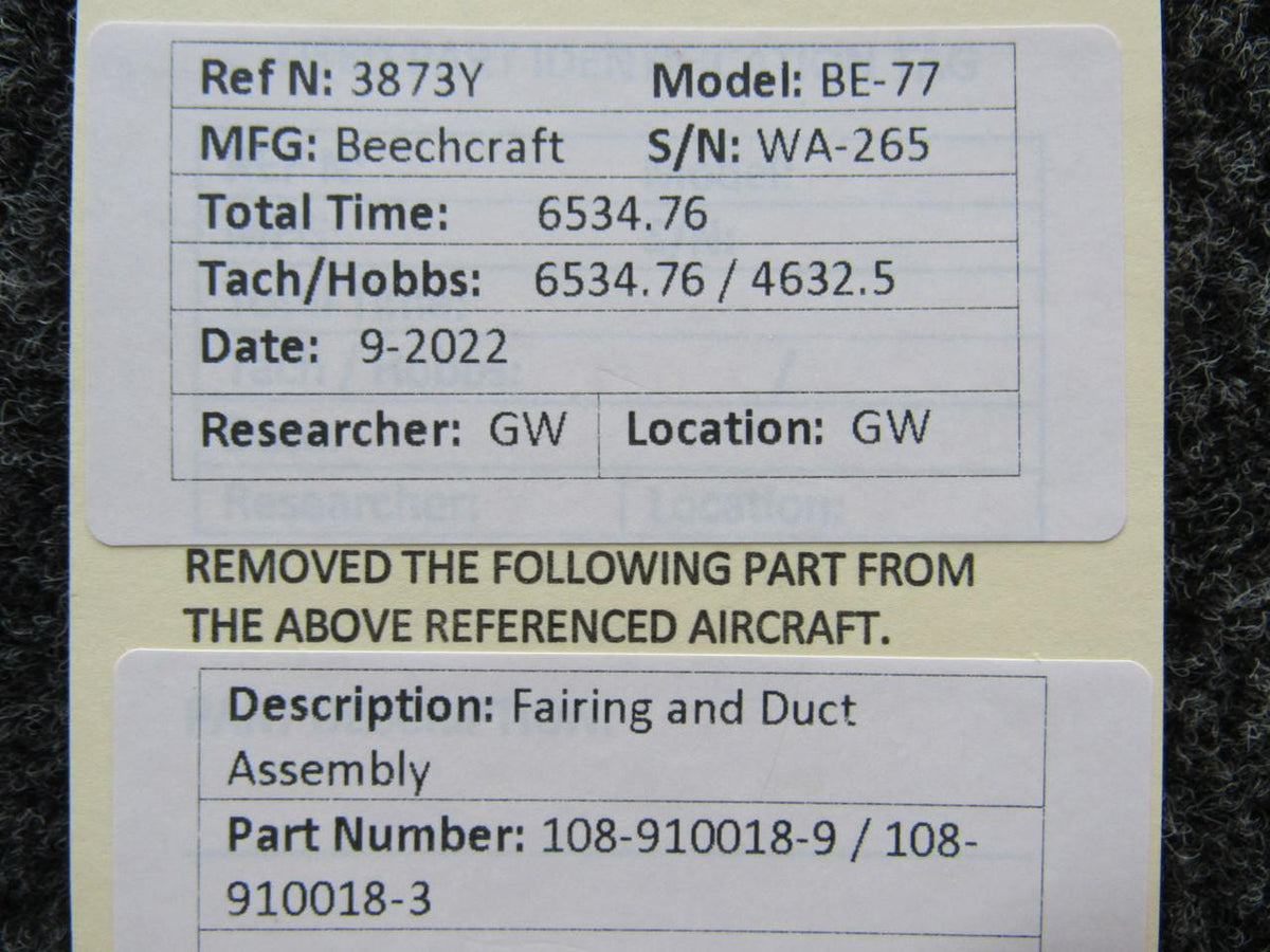 Beechcraft Parts 108-910018-9 / 108-910018-3 Beechcraft BE-77 Fairing and Duct Assembly