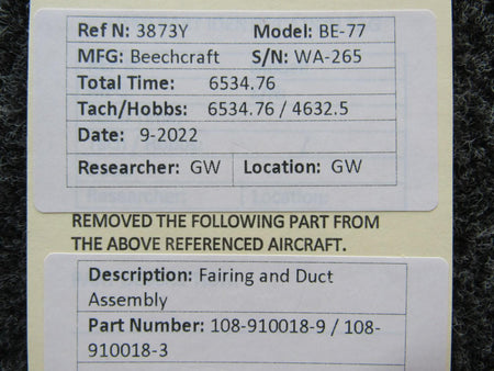 Beechcraft Parts 108-910018-9 / 108-910018-3 Beechcraft BE-77 Fairing and Duct Assembly