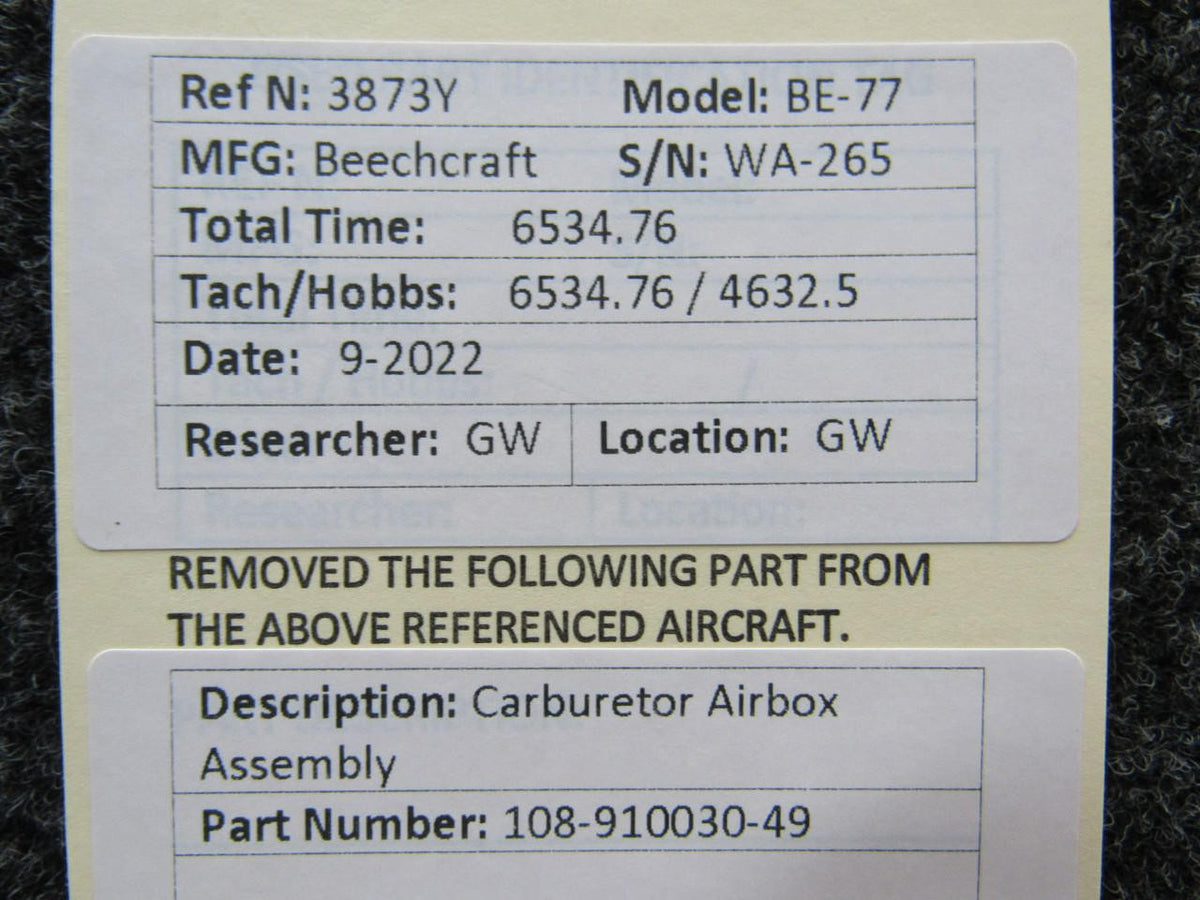 Beechcraft Parts 108-910030-49 Beechcraft BE-77 Carburetor Airbox Assembly