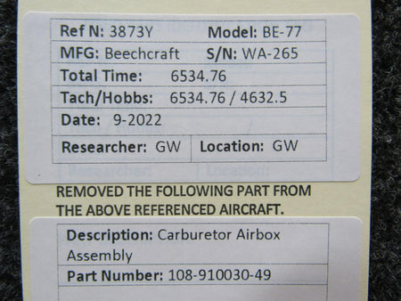 Beechcraft Parts 108-910030-49 Beechcraft BE-77 Carburetor Airbox Assembly