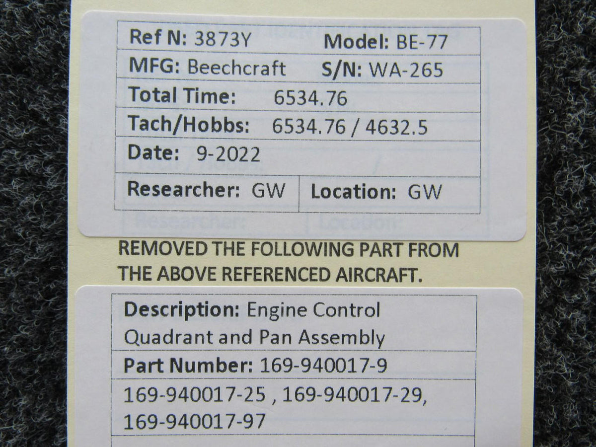 169-940017-9 Beechcraft BE-77 Engine Control Quadrant and Pan Assembly BAS Part Sales | Airplane Parts