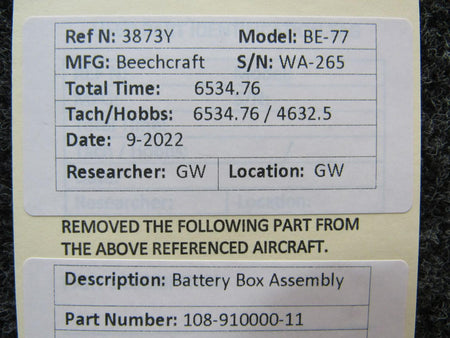 Beechcraft Parts 108-910000-11 Beechcraft BE-77 Battery Box Assembly