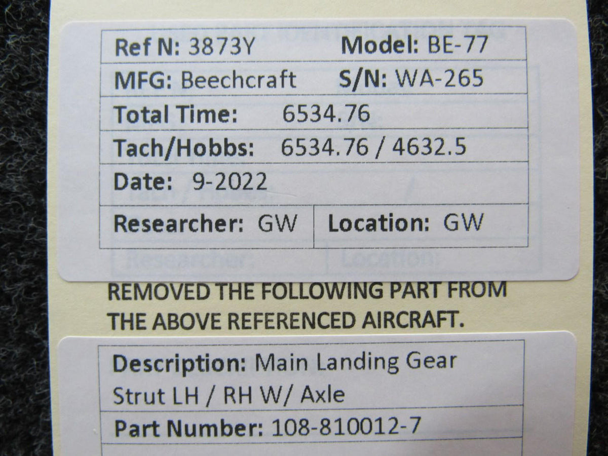 Beechcraft Parts 108-810012-7 Beechcraft BE-77 Main Landing Gear Strut LH / RH W/ Axle