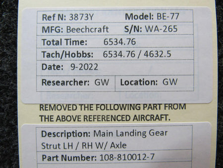 Beechcraft Parts 108-810012-7 Beechcraft BE-77 Main Landing Gear Strut LH / RH W/ Axle