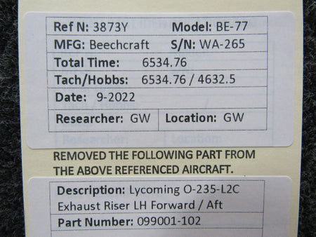 Lycoming Aircraft and Engine Parts 099001-102 Lycoming O-235-L2C Exhaust Riser LH Forward / AFT