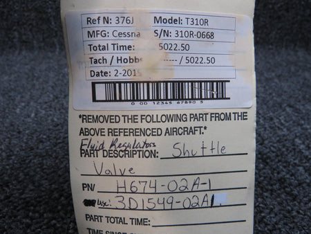 Cessna Aircraft Parts H674-02A-1 USE 301549-02A-1 Cessna T310R Fluid Regulator Shuttle Valve