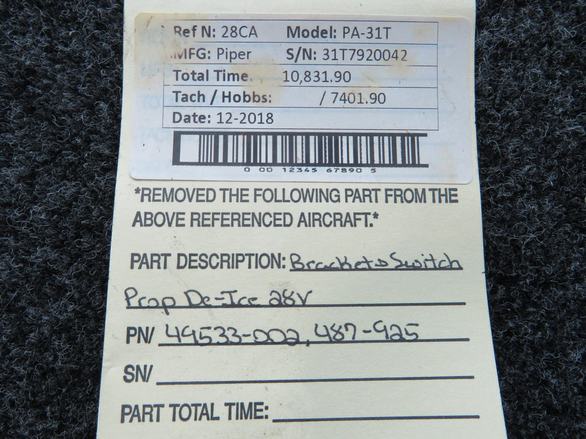 Piper Aircraft Parts 49533-002 / 487-925 Piper PA-31T Propeller De-Ice Bracket and Switch Volts 28