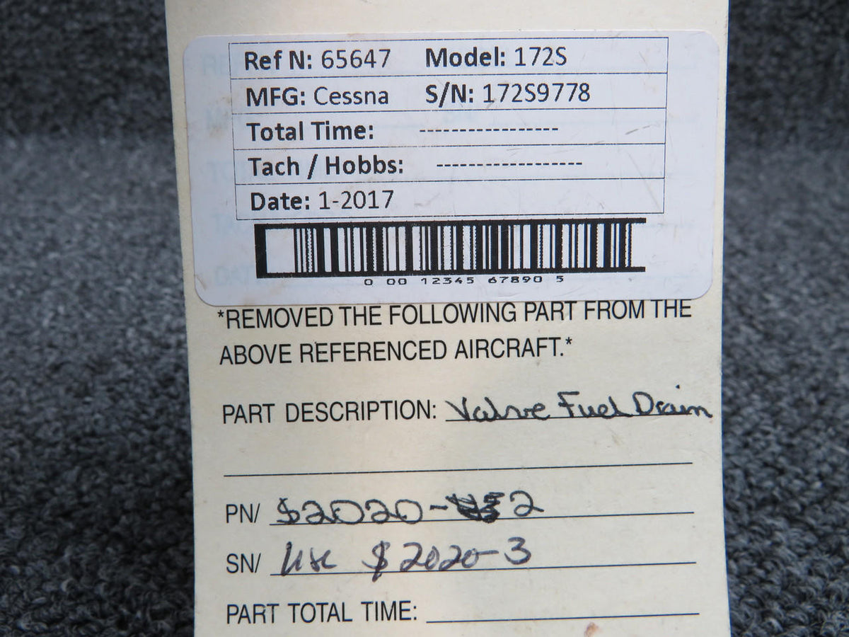 Cessna Aircraft Parts S2020-2 USE S2020-3 Cessna 172S Fuel Drain Valve