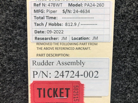 Piper Aircraft Parts 24724-002 Piper PA24-260 Rudder Assembly