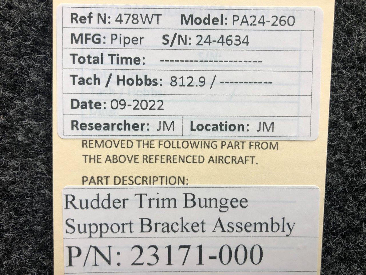Piper Aircraft Parts 23171-000 Piper PA24-260 Rudder Trim Bungee Support Bracket Assembly