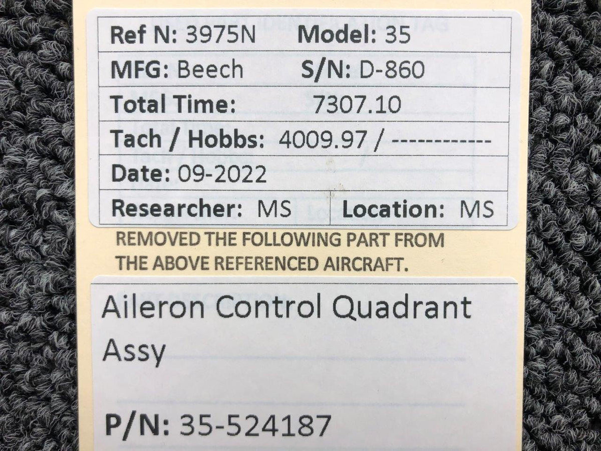 Beechcraft Parts 35-524187 Beechcraft 35 Aileron Control Quadrant Assembly