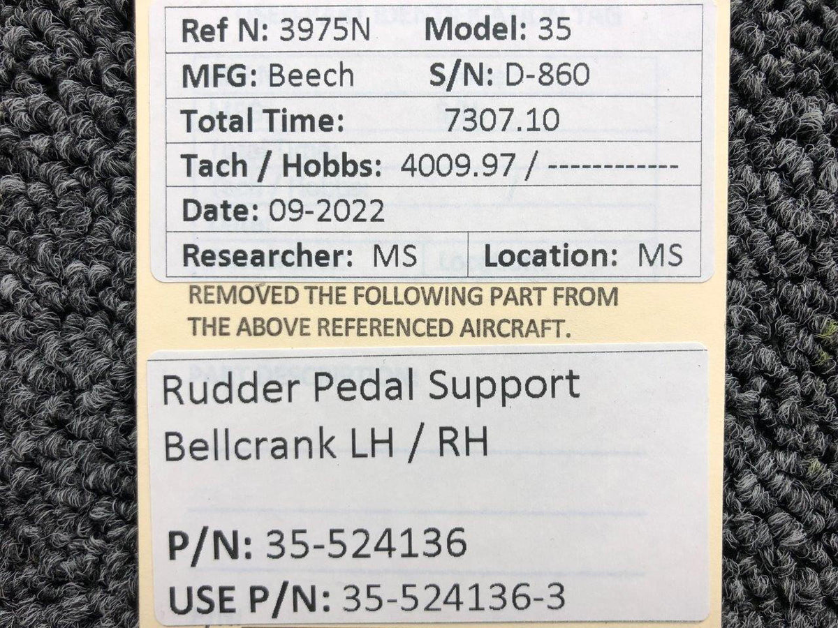 Beechcraft Parts 35-524136 USE 35-524136-3 Beech 35 Rudder Pedal Support Bellcrank LH / RH