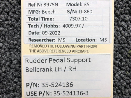 Beechcraft Parts 35-524136 USE 35-524136-3 Beech 35 Rudder Pedal Support Bellcrank LH / RH
