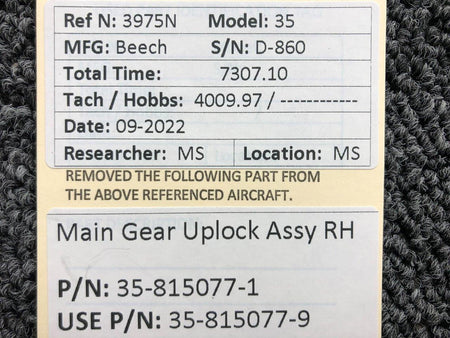 Beechcraft Parts 35-815077-1 USE 35-815077-9 Beechcraft 35 Main Gear Uplock Assembly RH