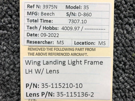 Beechcraft Parts 35-115210-10 / 35-115136-2 Beech 35 Wing Landing Light Frame LH W/ Lens