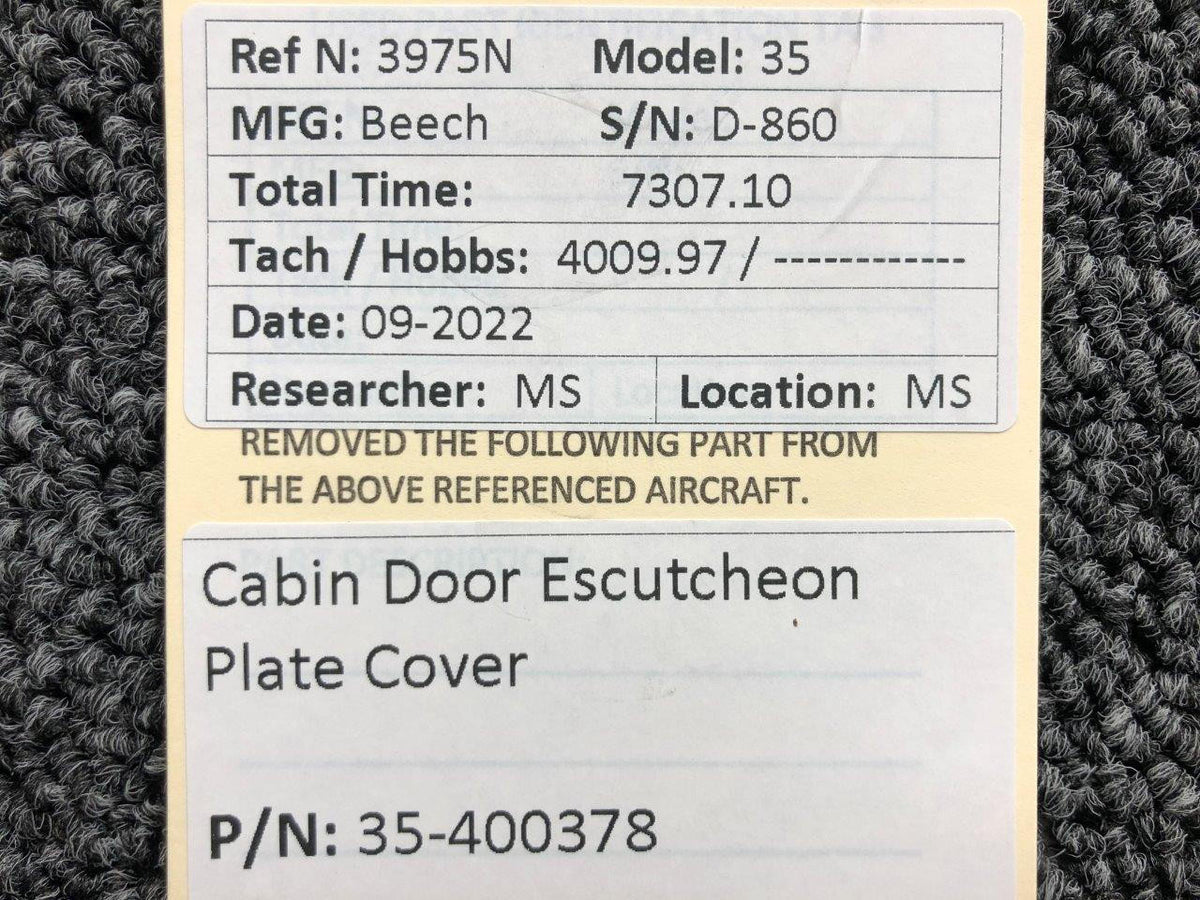 Beechcraft Parts 35-400378 Beechcraft 35 Cabin Door Escutcheon Plate Cover