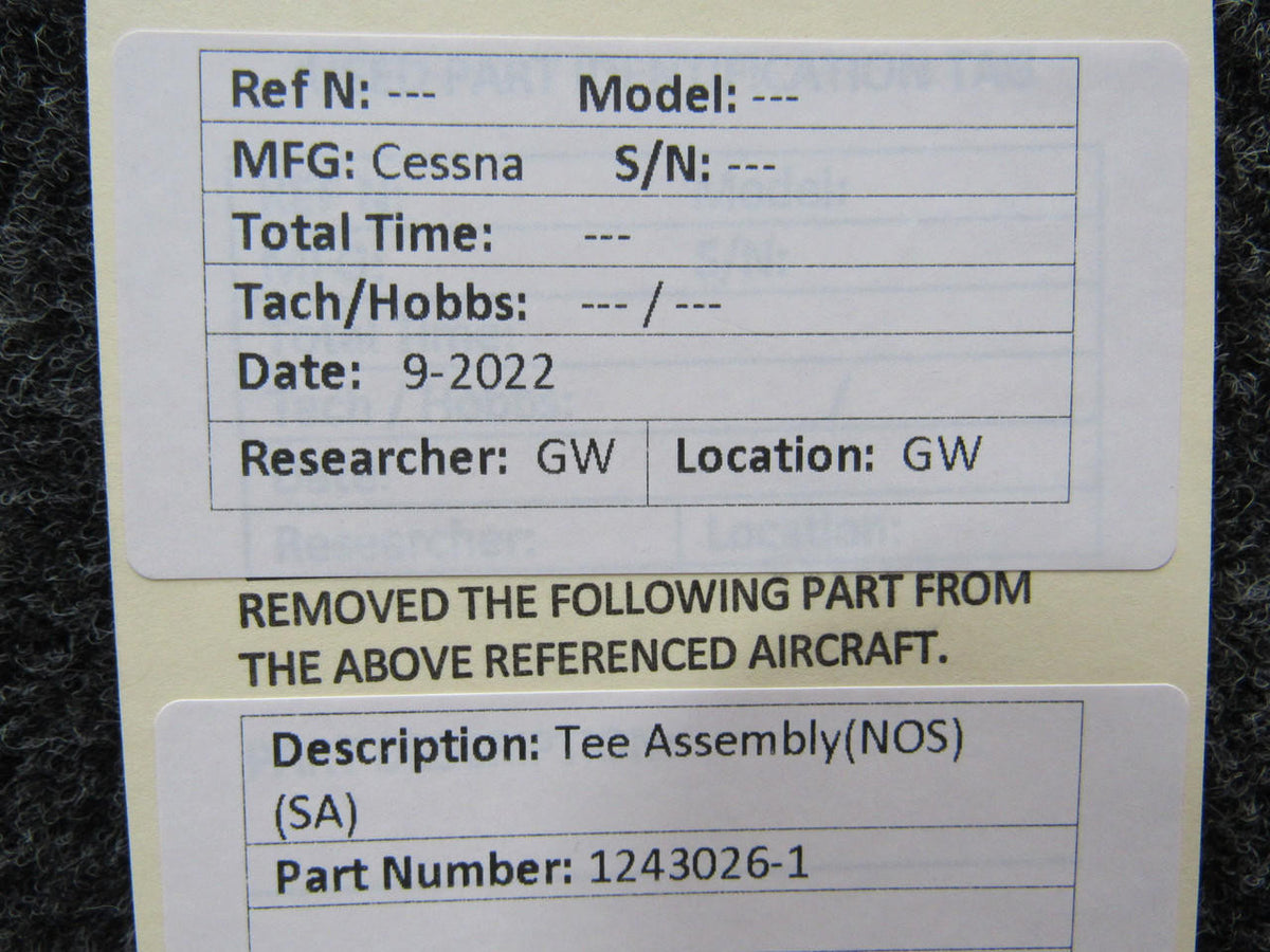 Cessna Aircraft Parts 1243026-1 Cessna Tee Assembly NEW OLD STOCK SA