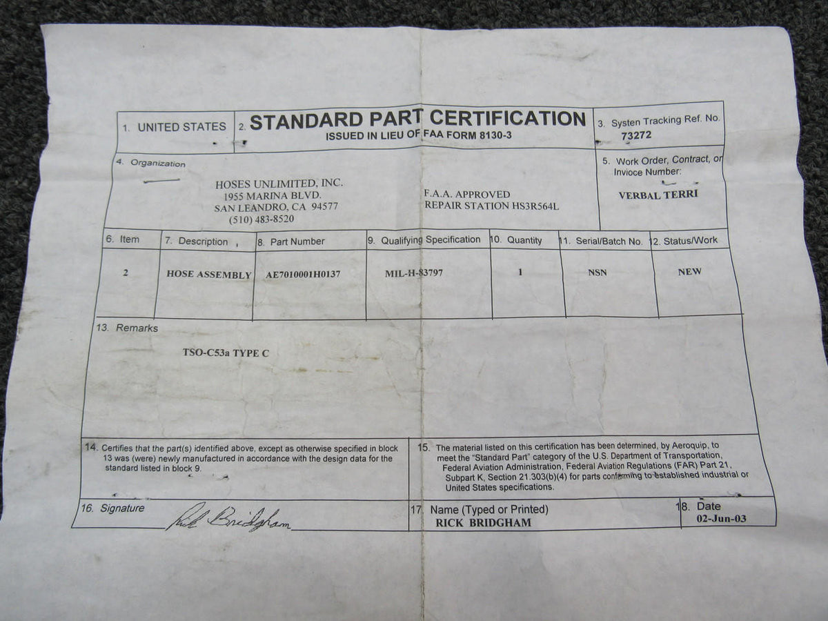 Aeroquip AE7010001H0137 Aeroquip Hose Assembly W/ Certification NEW OLD STOCK SA