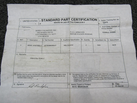 Aeroquip AE7010001H0137 Aeroquip Hose Assembly W/ Certification NEW OLD STOCK SA