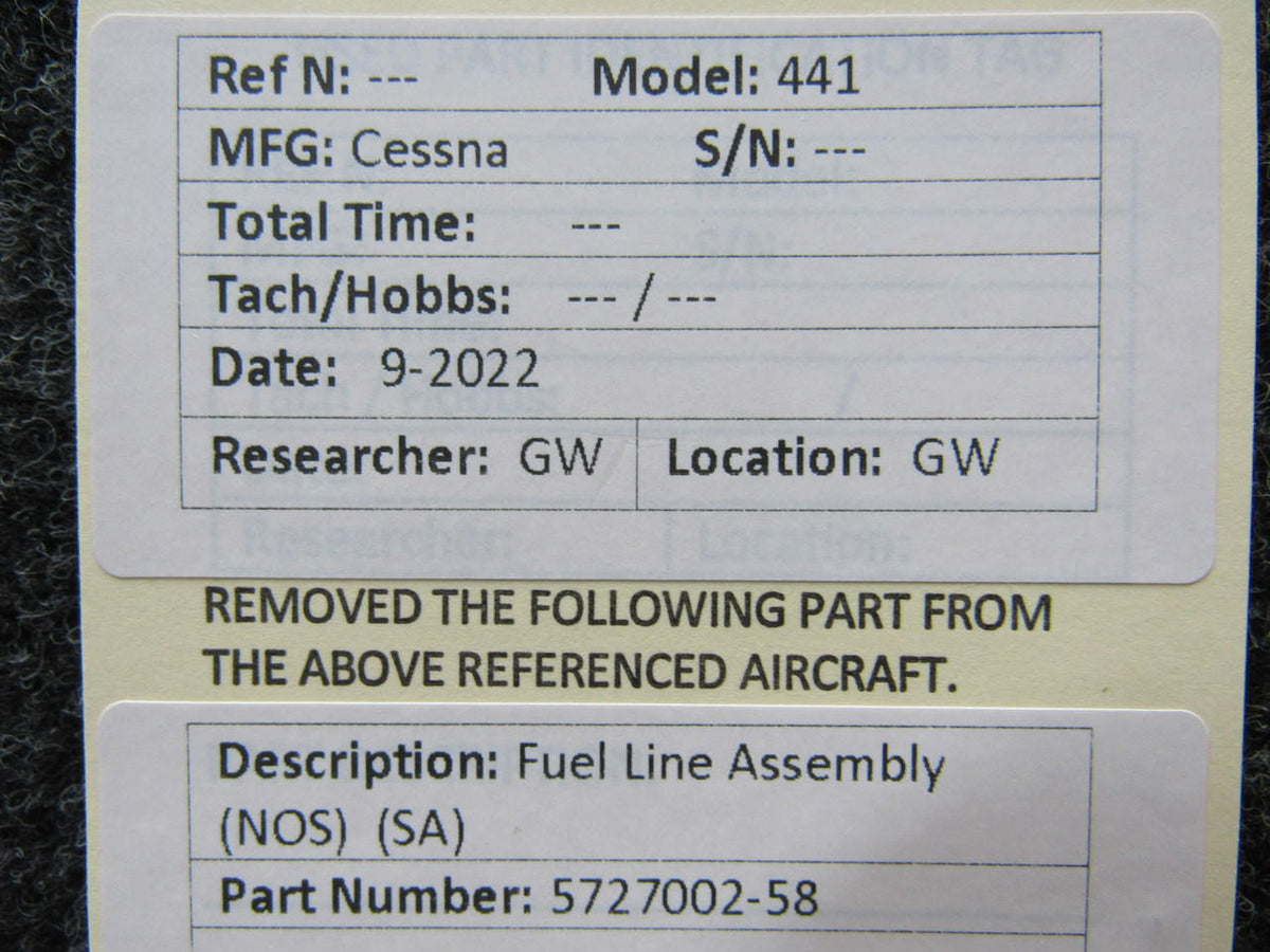 Cessna Aircraft Parts 5727002-58 Cessna 441 Fuel Line Assembly NEW OLD STOCK SA