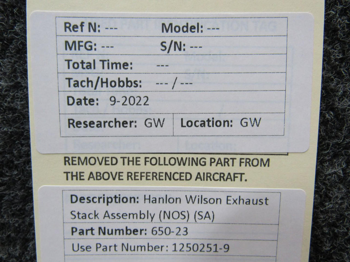 Hanlon Wilson 650-26 USE 1250251-9 Hanlon Wilson Exhaust Stack Assembly NOS SA